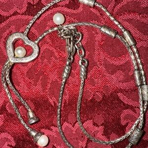 Brighton Sorority Row Silver Tone Lariat Heart Necklace Faux Pearl 16-18"